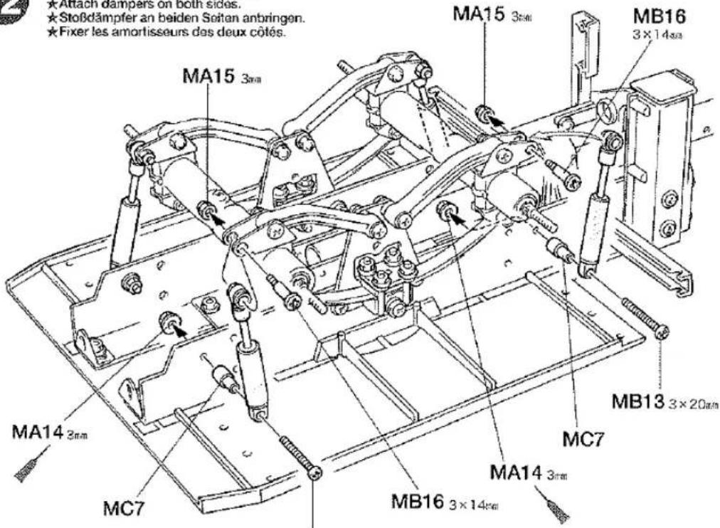 ★Attach dampers on both sides. ★Stoßdämpfer an beiden Soitan anbringen. ★Fixer les amortisseurs des deux côtés. MA15 3mm MA15 3mm MB16 3×14mm MA14 2mm MC7 MB13 3×20mm MC7 MA14 3mm MB16 3×14mm