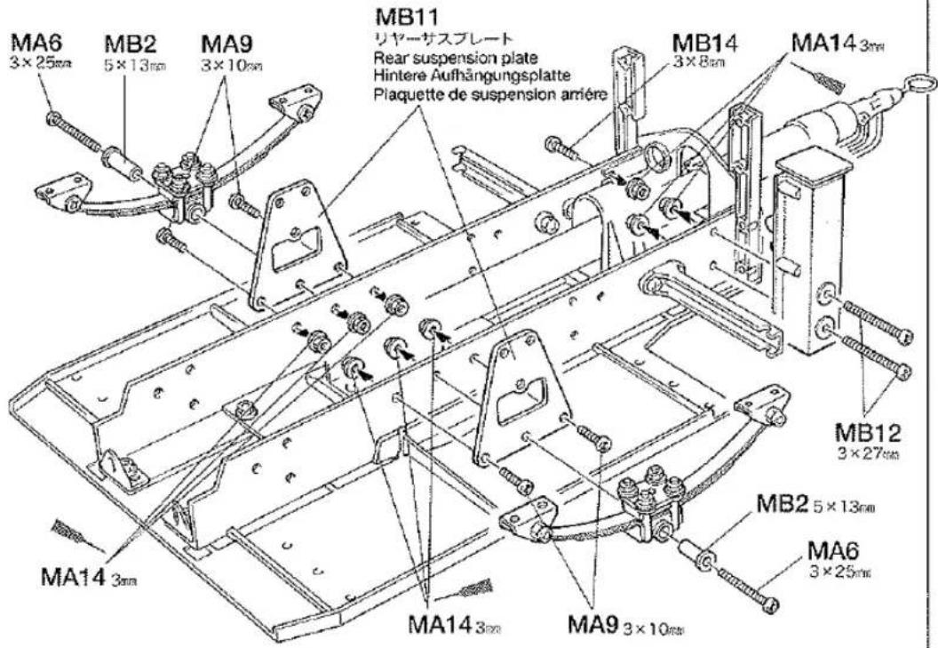 MA6 3×25mm MB2 5×13mm MA9 3×10mm MB11 リヤーサスプレート Rear suspension plate Hintere Aufhängungsplatte Plaquette de suspension amière MB14 3×8mm MA143mm MB12 3×27mm MA14 3mm MB2 5×13mm MA6 3×25mm MA14 3mm MA9 3×10mm