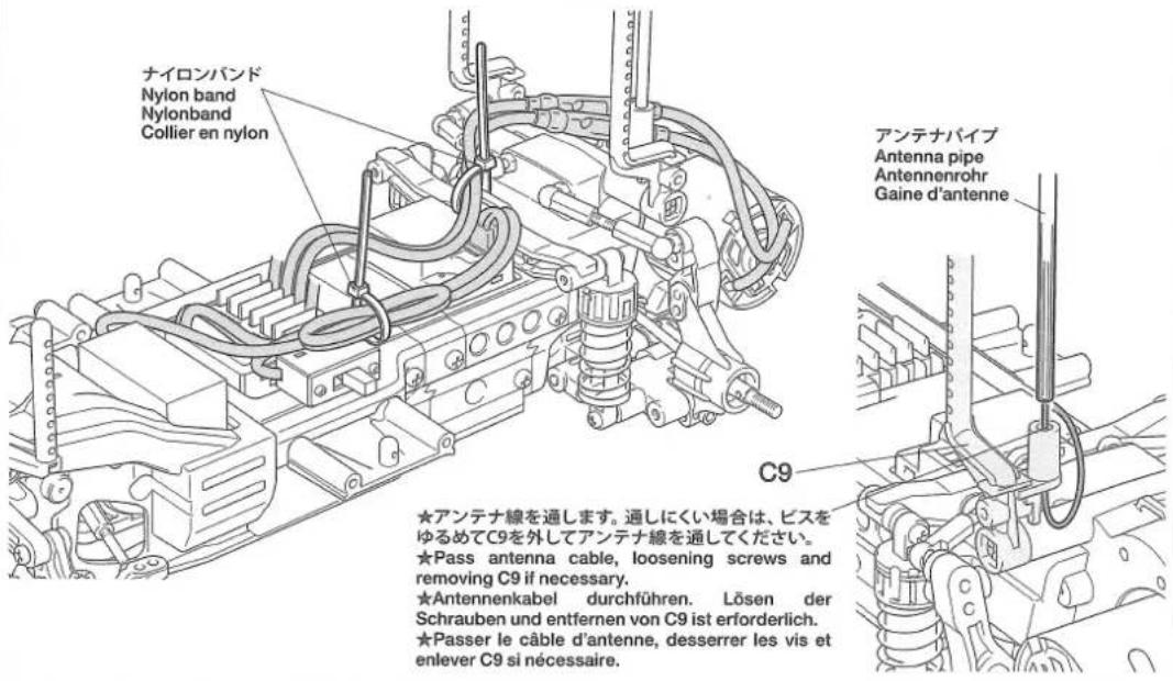 ナイロンバンド Nylon band Nylonband Collier en nylon アンテナパイプ Antenna pipe Antennenrohr Gaine d'antenne ★アンテナ線を通します。通しにくい場合は、ビスをゆるめてC9を外してアンテナ線を通してください。 ★Pass antenna cable, loosening screws and removing C9 if necessary. ★Antennenkabel durchführen. Lösen der Schrauben und entfernen von C9 ist erforderlich.…