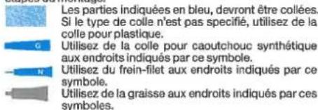 Les parties indiquées en bleu, devront être collées. Si le type de colle n'est pas spécifié, utilisez de la colle pour plastique. Utilisez de la colle pour caoutchouc synthétique aux endroits indiqués par ce symbole. Utilisez du frein-filet aux endroits indiqués par ce symbole. Utilisez de la graisse aux endroits indiqués par ces symboles.