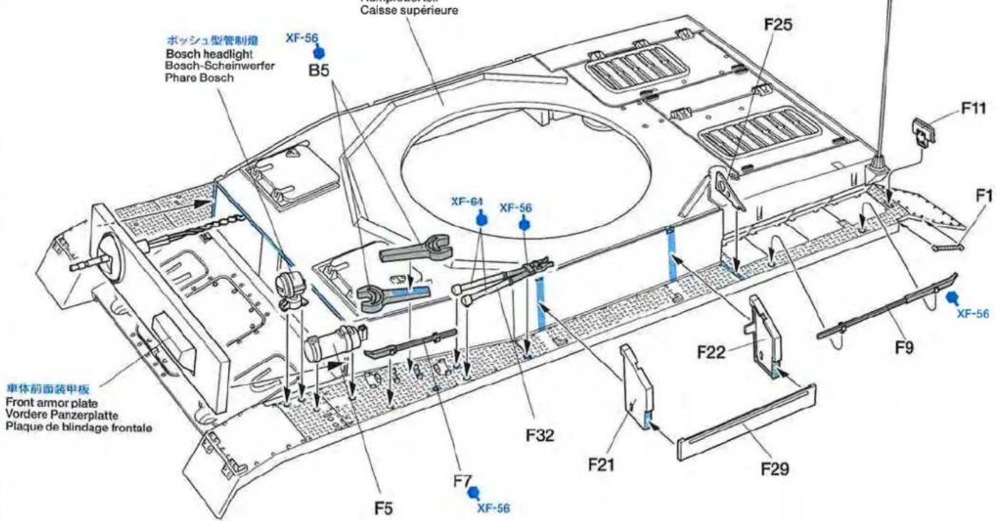 ボッシュ型管制燈 Bosch headlight Bosch-Scheinwerfer Phare Bosch XF-56 B5 Caisse supérieure F25 F11 XF-64 XF-56 F1 F9 XF-56 車体前面装甲板 Front armor plate Vordere Panzerplatte Plaque de blindage frontale F22 F32 F5 F7 XF-56 F21 F29