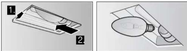 Technical diagram showing two views of a device with labeled parts: (1) a mechanical component and (2) a light bulb.