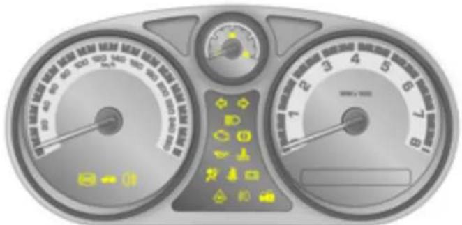 Automotive speedometer display showing navigation controls and gauges with icons for motor, gear, and battery.