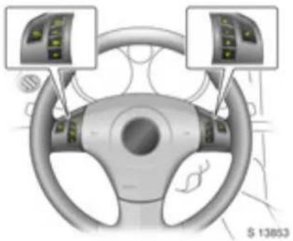 Interior view of a car steering wheel with two control panels and a sensor display (no text or symbols visible)