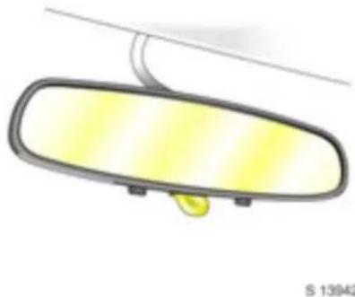 Illustration of a car rear mirror with a yellow lens and silver frame (no text or symbols)