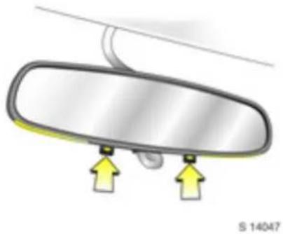 Diagram of a car rear mirror with two yellow arrows pointing to the lens (no text or symbols)