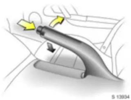 Diagram of a car headrest lever mechanism with yellow directional arrows indicating motion (no text or symbols)