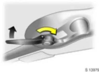 Mechanical component diagram showing a lever mechanism with an arrow indicating motion (no text or symbols present)