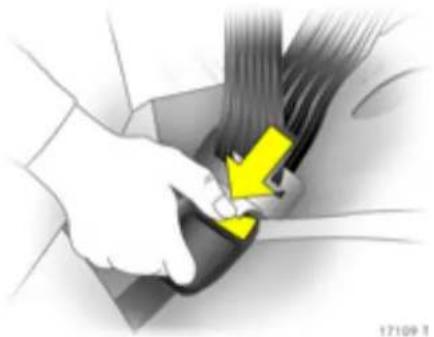 Illustration of a person adjusting a car seatbelt with a yellow arrow indicating the handle (no text or symbols present)