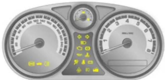 Automotive speedometer with gauges and function icons, showing 20-40 km/h speed limit and 160-140 km/h speed limit