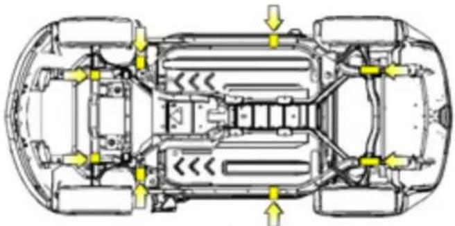 Top-down schematic of a car chassis showing structural components and airflow direction (no text or labels)