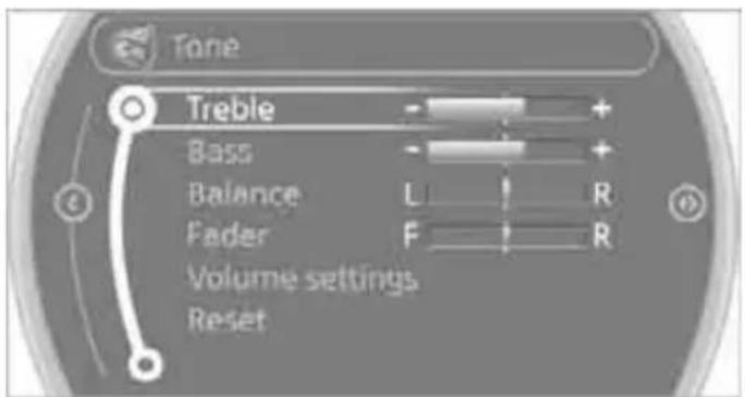 Tone Treble Bass Balance Fader Volume settings Reset