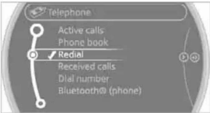 Telephone Active calls Phone book Redial Received calls Dial number Bluetooth® (phone)