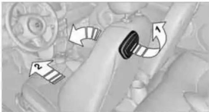 Diagram of a vehicle's steering wheel and dashboard with directional arrows indicating motion (no text or symbols)