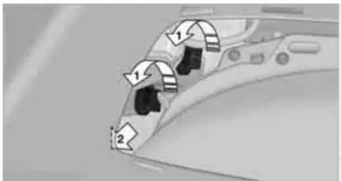 Diagram showing a car interior with numbered directional arrows indicating movement or flow, labeled 1 and 2.