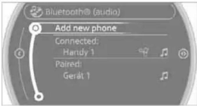Bluetooth® (audio) Add new phone Connected: Hardy 1 Paired: Gerät 1