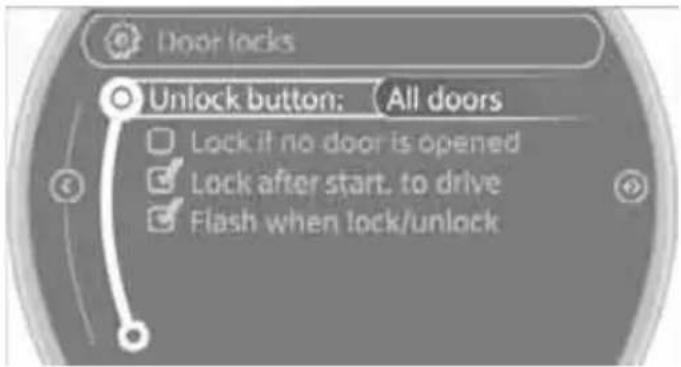Door locks Unlock button: All doors Lock if no door is opened Lock after start, to drive Flash when lock/unlock