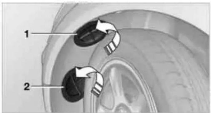 Diagram showing two car wheel components with directional arrows indicating rotation or movement, labeled 1 and 2.
