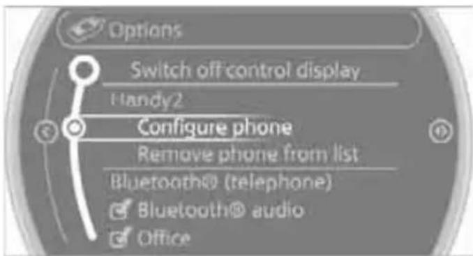 Options Switch off control display Handy2 Configure phone Remove phone from list Bluetooth® (telephone) Bluetooth® audio Office