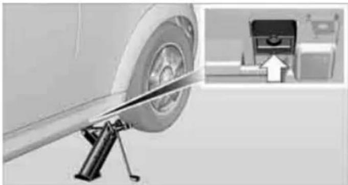 Mechanical assembly showing a wheel mounted on a tripod with a close-up inset of a device (no visible text or symbols)