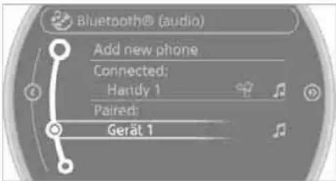 Bluetooth® (audio) Add new phone Connected: Handy 1 Paired: Gerät 1