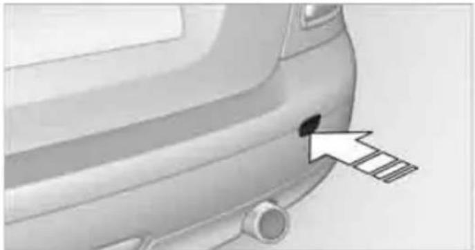 Side view of a car's front bumper with a black dot marking the nose and an arrow pointing to a specific area (no text or symbols present)
