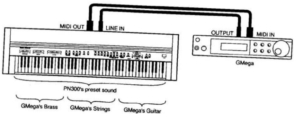 MIDI OUT LINE IN OUTPUT MIDI IN PN300's preset sound GMega's Brass GMega's Strings GMega's Guitar