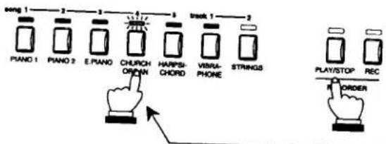 seng 1 Piano 1 Piano 2 E.Piano CHURCH ORIANN HARPSI-CHORD VIBRA-PHONE TRACK 1 STRINGS PLAY/STOP REC ORDER