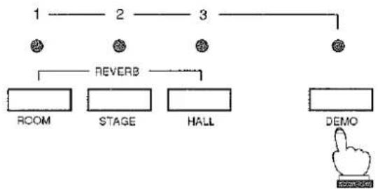 graph TD A["1"] --> B["2"] B --> C["3"] C --> D["REVERB"] D --> E["ROOM"] D --> F["STAGE"] D --> G["HALL"] D --> H["DEMO"] H --> I["Hand icon pointing to bottom right"]