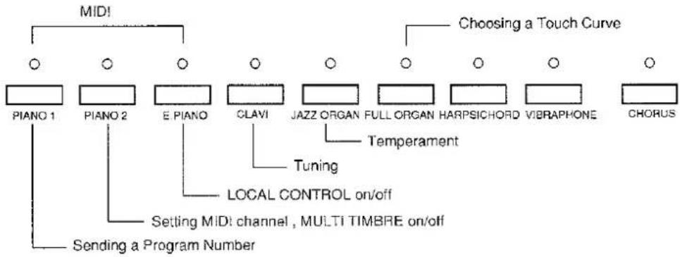graph TD A["MIDI"] --> B["PIANO 1"] A --> C["PIANO 2"] A --> D["E PIANO"] A --> E["CLAVI"] A --> F["JAZZ ORGAN"] A --> G["FULL ORGAN"] A --> H["HARPSICHORD"] A --> I["VIBRAPHONE"] A --> J["CHORUS"] K["Choosing a Touch Curve"] --> L["Tuning"] L --> M["LOCAL CONTROL on/off"] L --> N["Setting MIDI chan…
