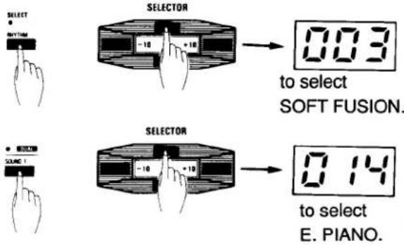 SELECT ● RAYTH SELECTOR -10 +10 to select SOFT FUSION. SELECTOR -10 +10 to select E. PIANO.