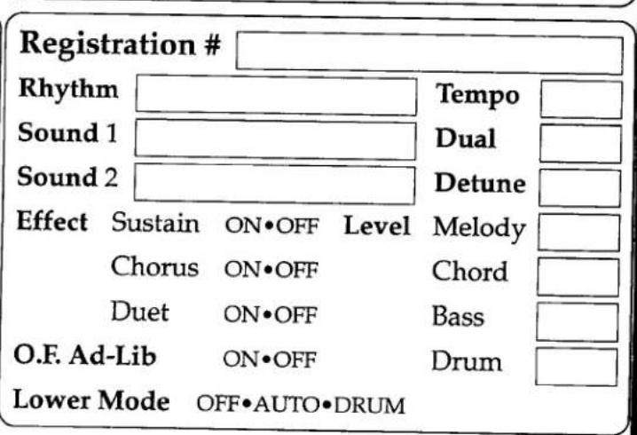 Registration # Rhythm Sound 1 Sound 2 Effect Sustain ON•OFF Level Melody Chorus ON•OFF Chord Duet ON•OFF Bass O.F. Ad-Lib ON•OFF Drum Lower Mode OFF•AUTO•DRUM