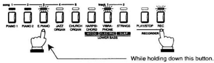 Piano 1 Piano 2 E.Piano JAZZ ORGAN CHURCH ORGAN HARPSI- CHORD WOOD ELECTRIC SLAP LOWER BASS Track 1 VIBRA- PHONE STRINGS PLAY/STOP REC RECORDER While holding down this button.
