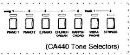 song 1 — 2 — 3 — 4 — 5 track 1 — 2 Piano 1 Piano 2 E.Piano CHURCH ORGAN HARPSI-CHORD VIBRA-PHONE STRINGS (CA440 Tone Selectors)