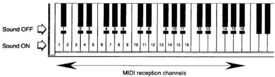Sound OFF Sound ON 1 2 3 4 5 6 7 8 9 10 11 12 13 14 15 16 MIDI reception channels