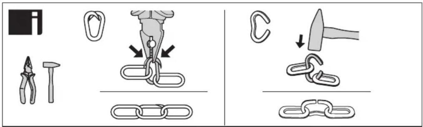 Diagram illustrating how to tie a chain link using pliers, clips, and hooks, with labeled steps and visual examples.