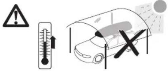 Safety warning symbols including warning sign, thermometer, and car accident with crosshair