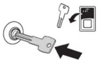 Diagram showing key insertion process with a key inserted into a lock and a close-up of the lock's internal components.