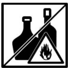 Warning sign with two bottles and a flame symbol, crossed by a diagonal line