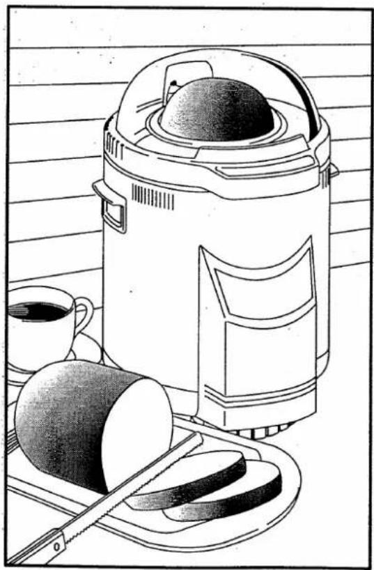 Dessin au trait d'un appareil de cuisine avec un gâteau rond, une cuillère et une tasse sur un plateau (sans texte ni symboles)