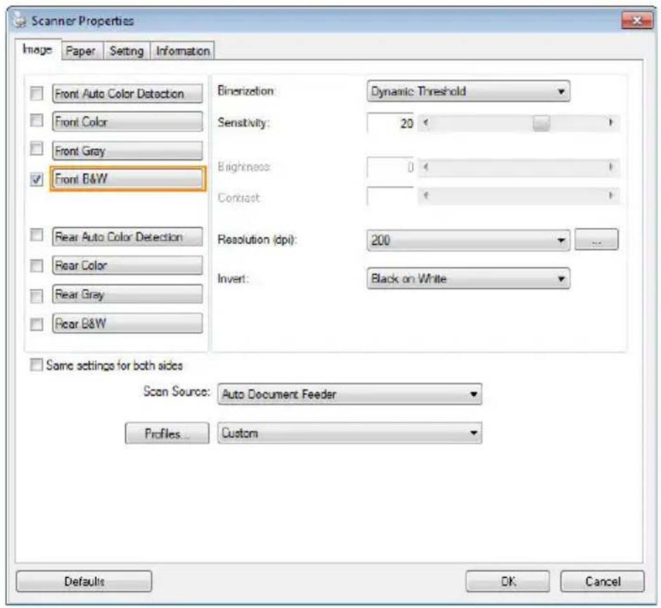 Scanner Properties Image Paper Setting Information Front Auto Color Detection Front Color Front Gray ✓ Front B&W Binerization: Dynamic Threshold Sensitivity: 20 < Brightness: 0 < Contrast: Resolution (dpi): 200 ... Invert: Black on White Same settings for both sides Scan Source: Auto Document Feeder Profiles Custom Defaults OK Cancel