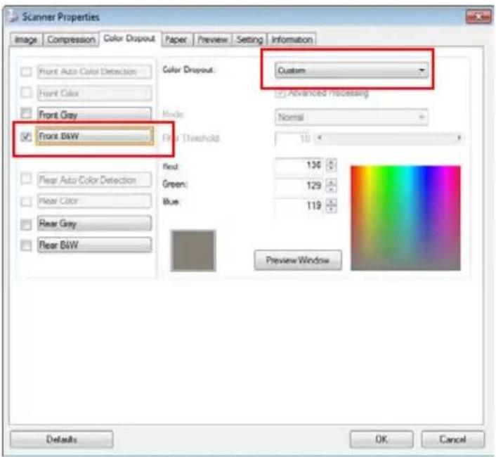 Scanner Properties Image Compression Color Dropout Paper Preview Setting Information Front Auto Color Detection Color Dropout: Custom Front Color Advanced processing Front Gray Mode Normal ✓ Front B&W Final Threshold 10 Red: 136 Green: 129 Blue: 119 Rear Auto Color Detection Rear Color Rear Grey Rear B&W Preview Window Details OK Cancel