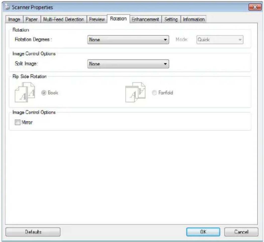 Scanner Properties Image Paper Multi-Feed Detection Preview Rotation Enhancement Setting Information Rotation Rotation Degrees: None Mode: Quick Image Control Options Split Image: None Flip Side Rotation Book Farifold Image Control Options Mirror Defaults OK Cancel