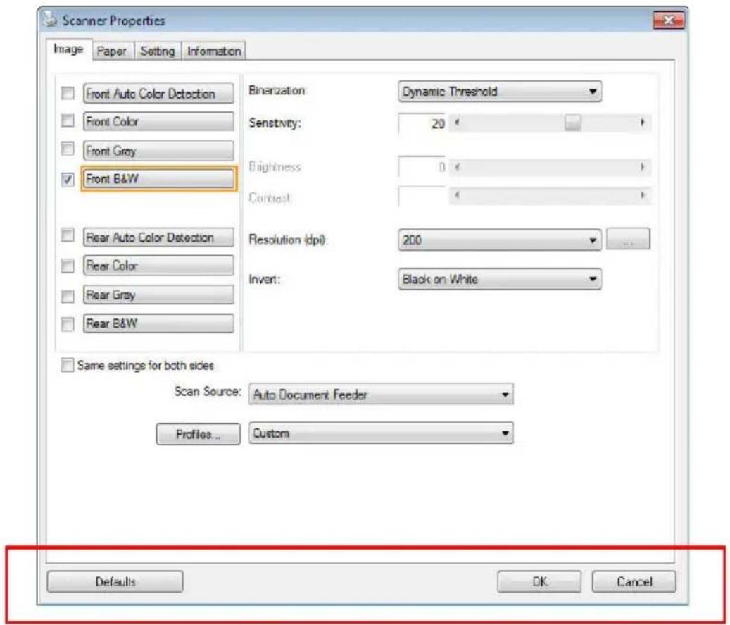 Scanner Properties Image Paper Setting Information Front Auto Color Detection Front Color Front Gray Front B&W Binarization: Dynamic Threshold Sensitivity: 20 ° Brightness: 0 ° Contrast: 0 ° Resolution (dpi): 200 ° Invert: Black on White ° Same settings for both sides Scan Source: Auto Document Feeder Profiles... Custom Defaults OK Cancel