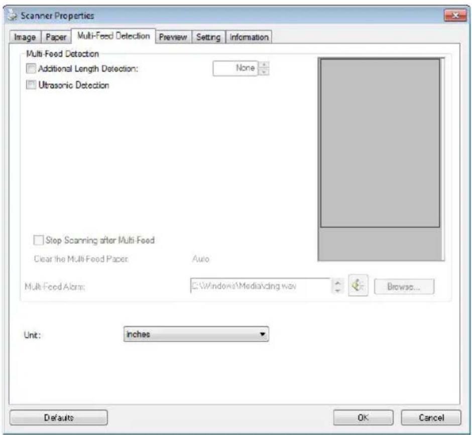 Scanner Properties Image Paper Multi-Feed Detection Preview Setting Information Multi-Feed Detection Additional Length Detection: None Ultrasonic Detection Stop Scanning after Multi-Feed Clear the Multi-Feed Paper Auto Multi-Feed Alarm: Windows\Media\ding way Browse... Unit: inches Defaults OK Cancel