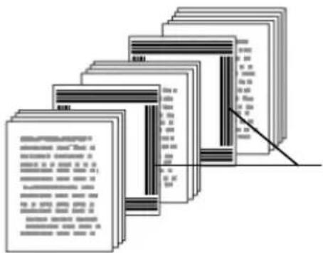 Stacked document pages with Chinese text, showing a vertical list of documents or templates with highlighted sections.