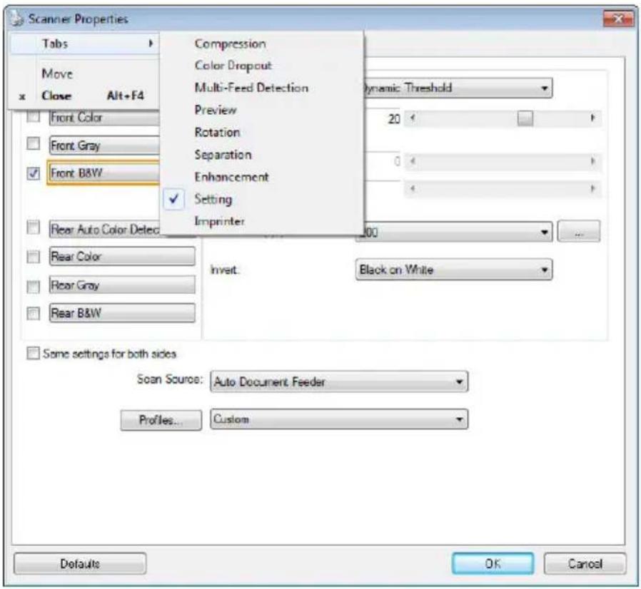Scanner Properties Tabs Move Close Alt+F4 Compression Color Dropout Multi-Feed Detection Preview 20 Rotation Separation 0 Enhancement Setting Imprinter Front Color Front Gray Front B&W Rear Auto Color Detect Rear Color Rear Gray Rear B&W Invert: Black on White Some settings for both sides Scan Source: Auto Document Feeder Profiles... Custom Defaults OK Cancel