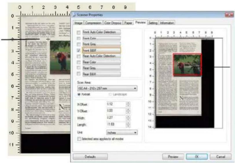 Scanner Properties Image Compression Color Dropout Paper Preview Setting Information Front Auto Color Detection Front Color Front Gray Front B&M Rear Auto Color Detection Rear Color Rear Gray Rear B&M Scan Area: ISO A4 - 210 x 297 mm Forest Landscape X-Offset: 0.12 Y-Offset: 0.00 Width: 0.27 Length: 11.53 Unit: Inches Selected area applies to all modes Defaults Preview OK Cancel