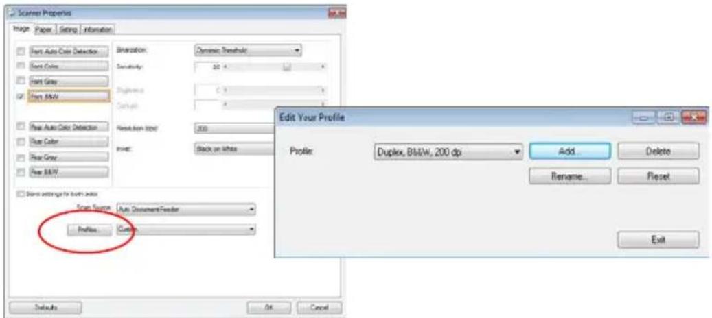 Scanner Properties Image Paper Setting Information Front Auto Color Detection Front Color Front Gray Front B&W Front Auto Color Detection Front Color Front Gray Front B&W Select settings for both sides Front Source: Auto DocumentFeeder Profile: Custom Edit Your Profile Profile: Duplex, B&W, 200 dp Add Delete Rename Reset Exit Defaults OK Cancel