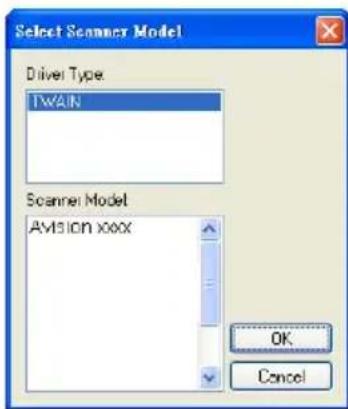 Select Scanner Model Driver Type TWAIN Scanner Model Avision xxx OK Cancel